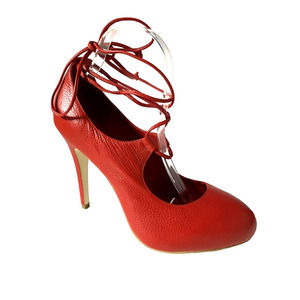 KATHRYN AMBERLEIGH Red Pump Leather 4.5" Heel Almond Toe Platform Lace U…